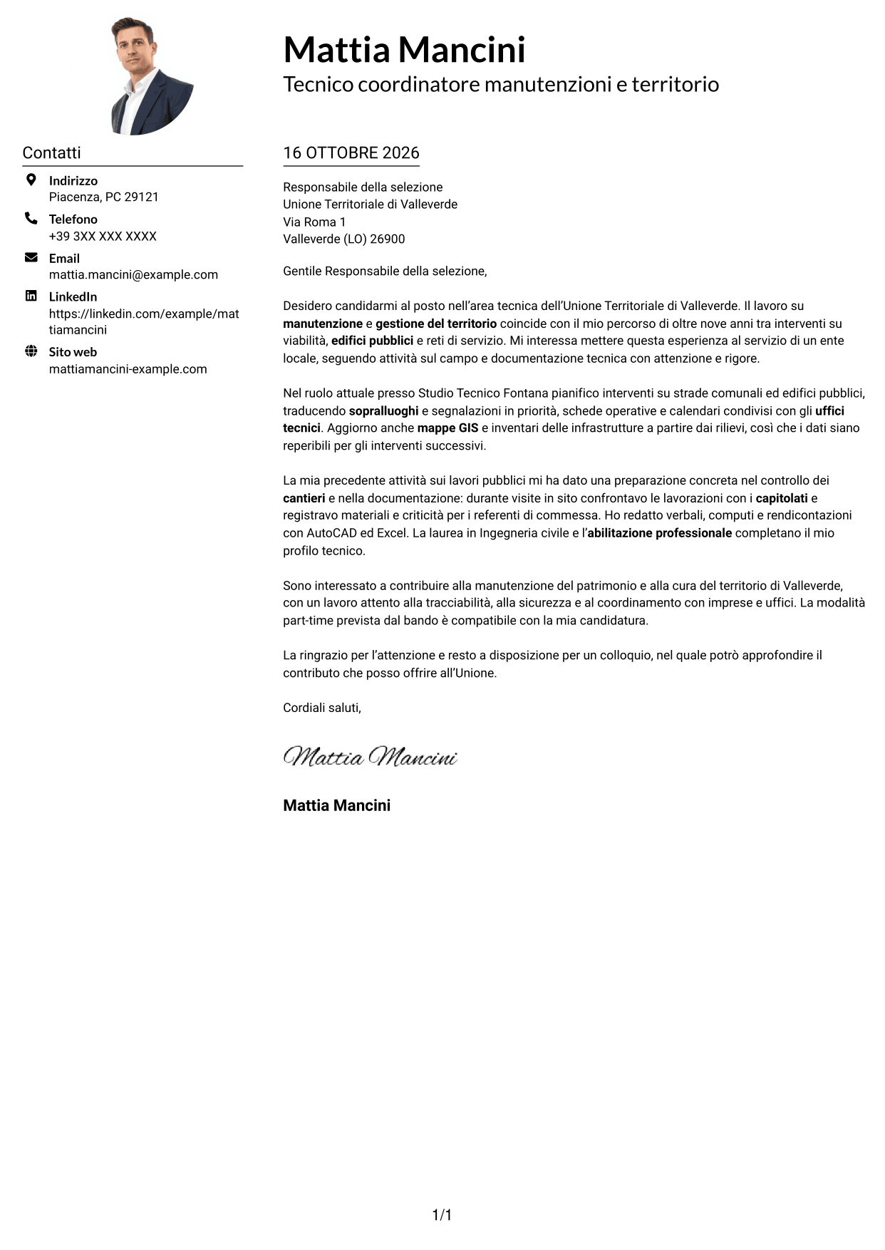 Esempio di lettera di presentazione — pagina 1