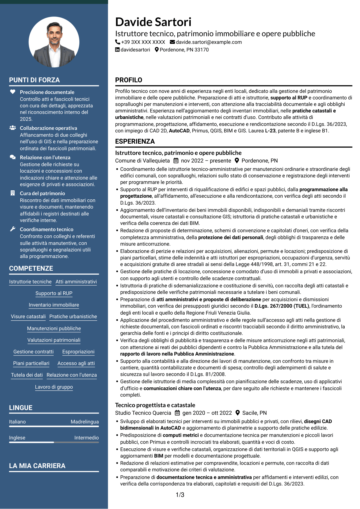 CV Elegante (formato con colonna laterale colorata e foto): Istruttore tecnico - Patrimonio immobiliare e opere pubbliche, pagina 1