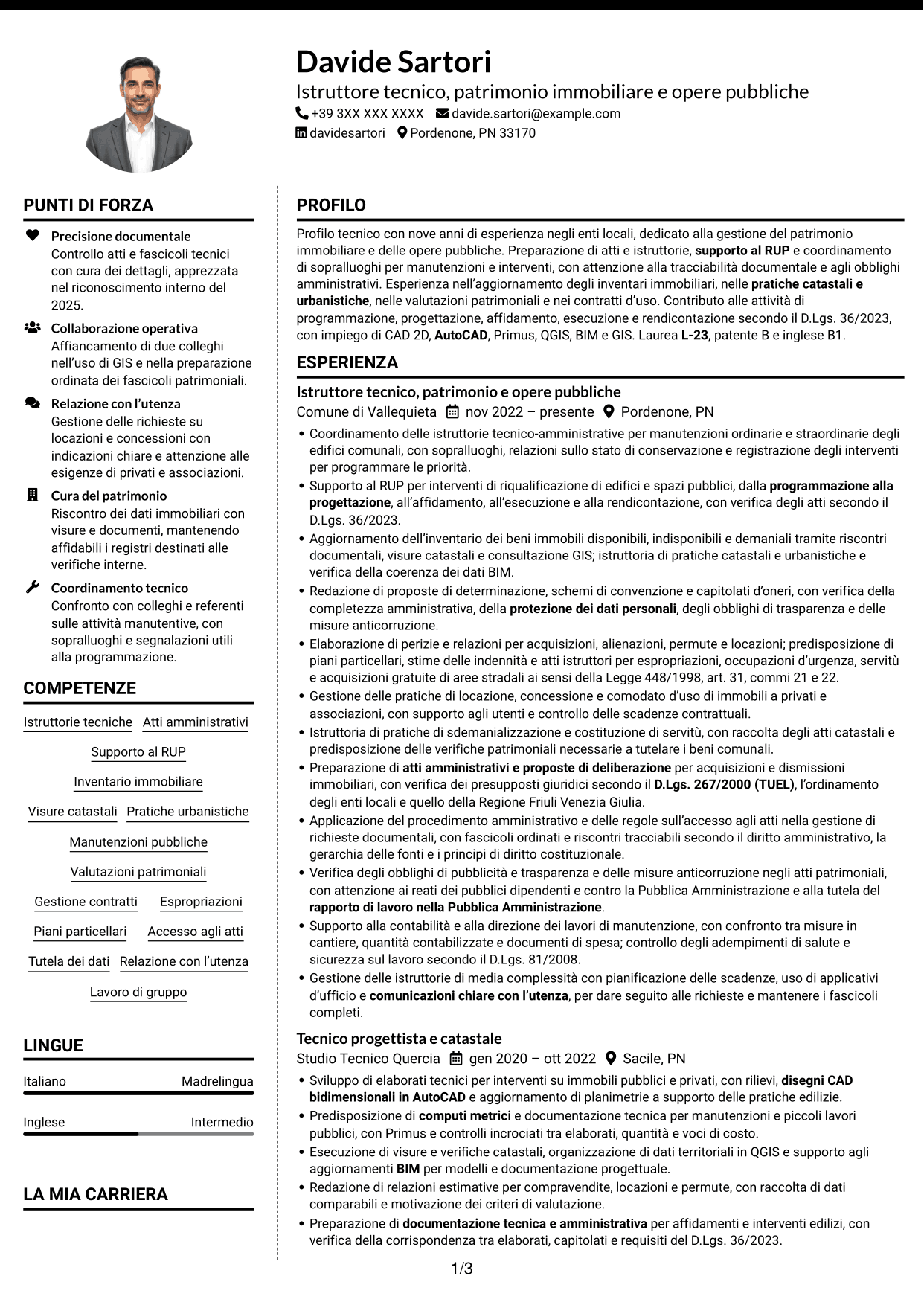 CV Moderno (formato a due colonne con foto a sinistra e separatore): Istruttore tecnico - Patrimonio immobiliare e opere pubbliche, pagina 1