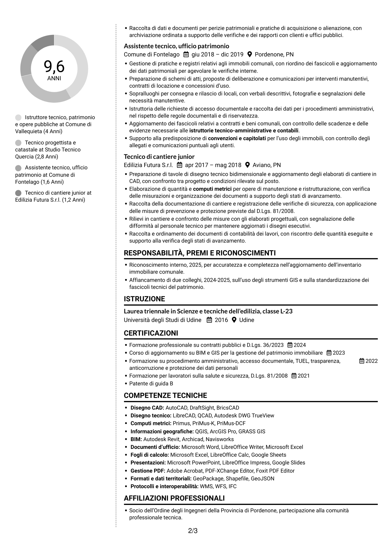 CV Moderno (formato a due colonne con foto a sinistra e separatore): Istruttore tecnico - Patrimonio immobiliare e opere pubbliche, pagina 2