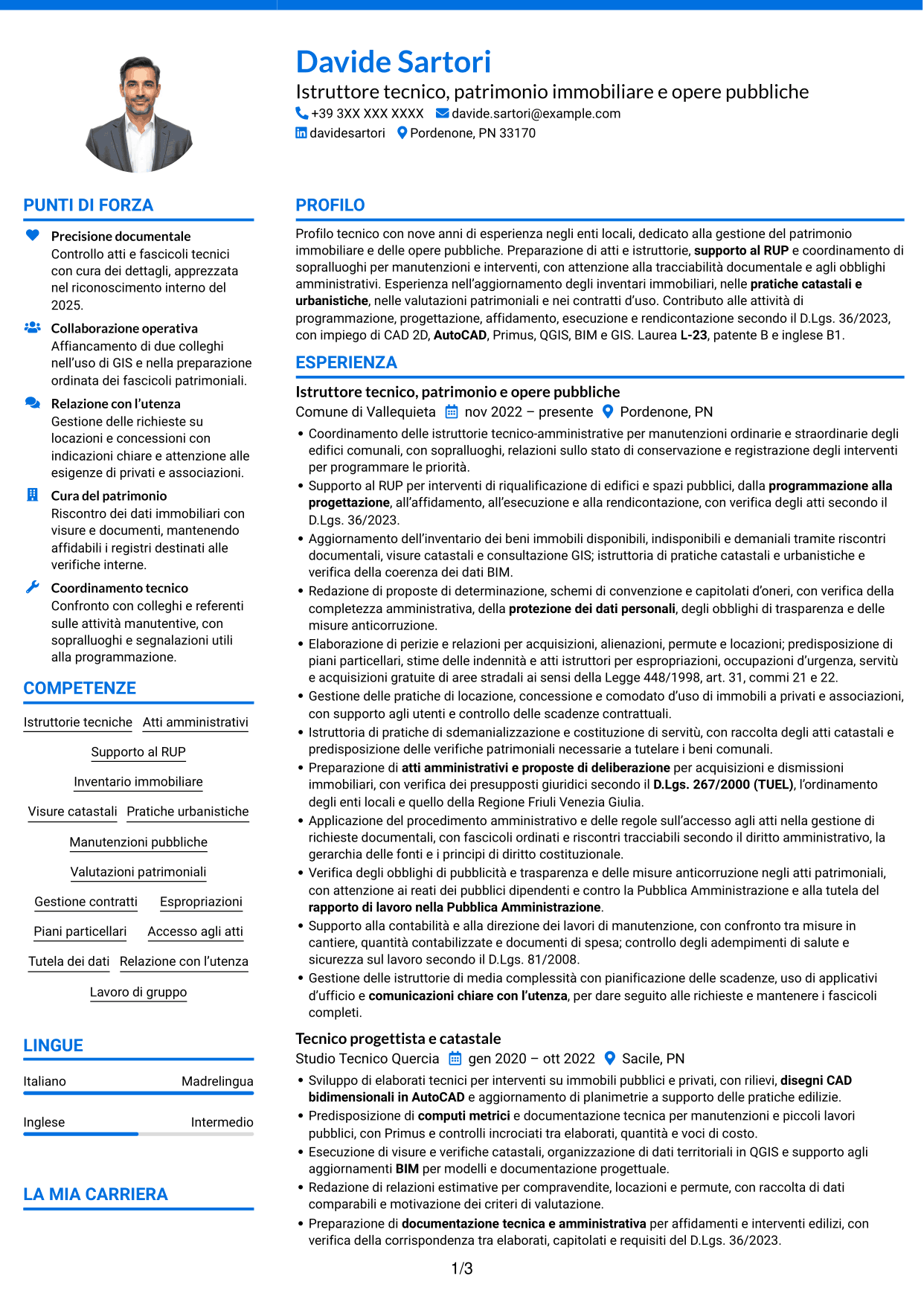 CV Audace (formato a due colonne con accenti colorati e foto): Istruttore tecnico - Patrimonio immobiliare e opere pubbliche, pagina 1