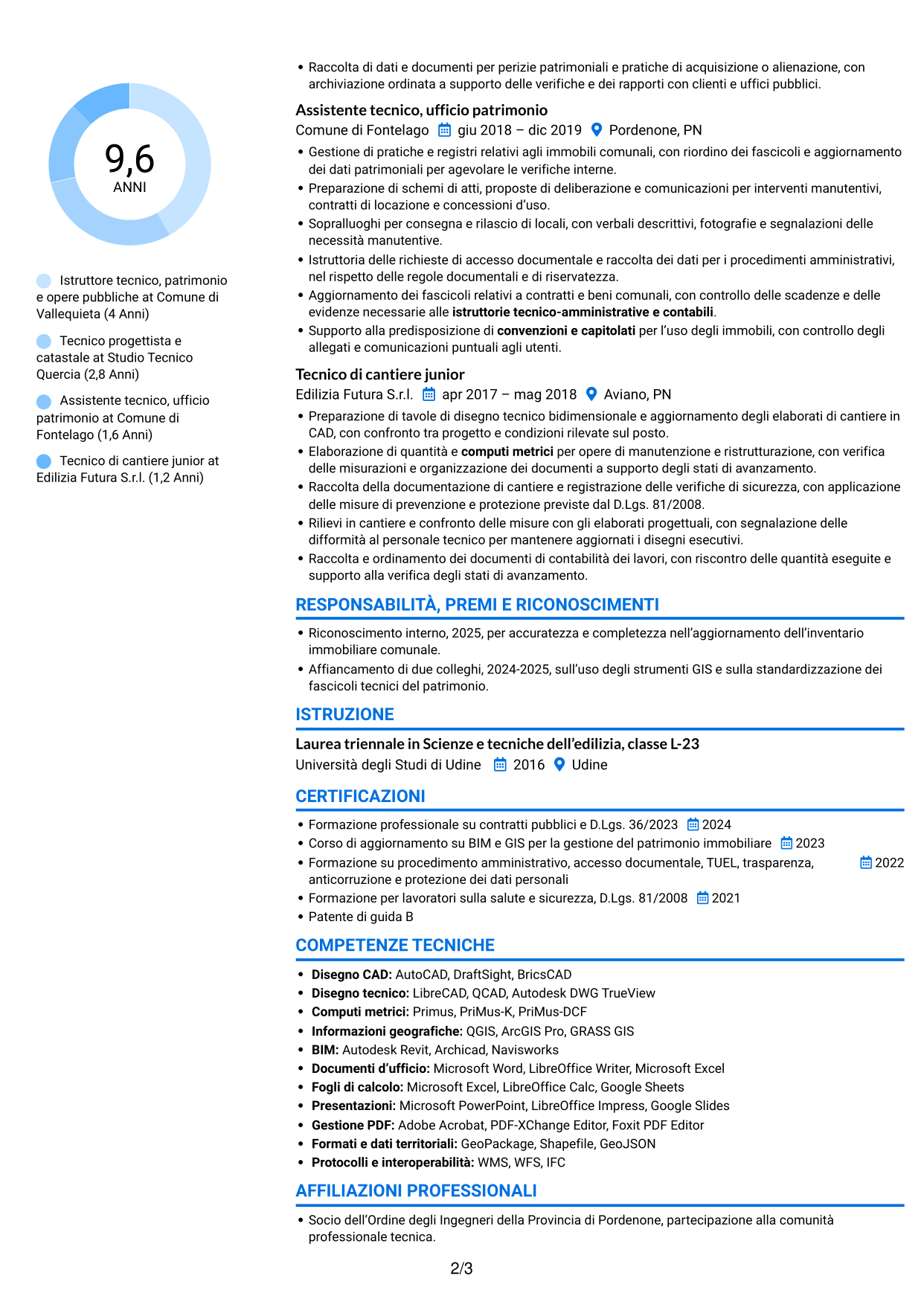 CV Audace (formato a due colonne con accenti colorati e foto): Istruttore tecnico - Patrimonio immobiliare e opere pubbliche, pagina 2