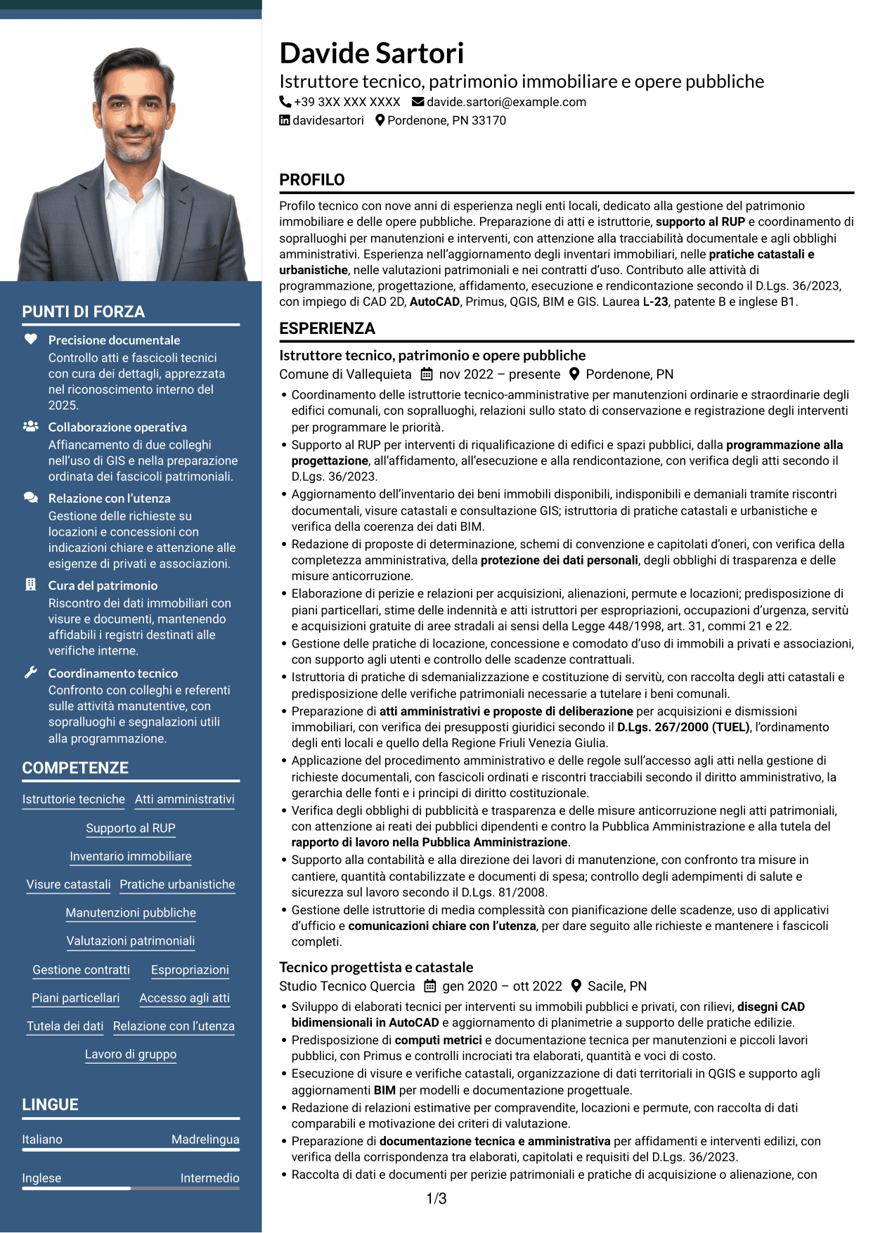 CV Signature (formato con colonna laterale colorata e foto grande): Istruttore tecnico - Patrimonio immobiliare e opere pubbliche, pagina 1