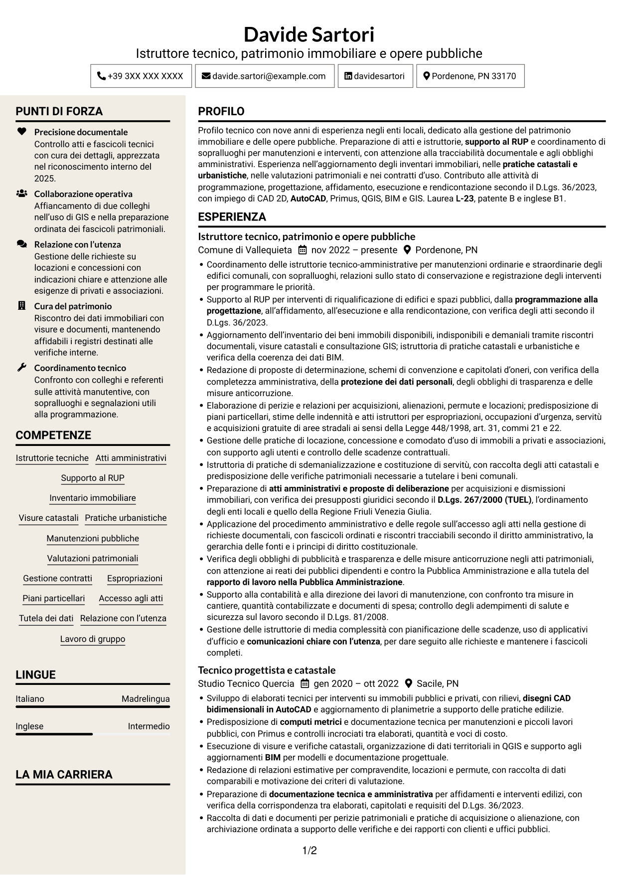 CV Intraprendente (formato a due colonne con intestazione centrata senza foto): Istruttore tecnico - Patrimonio immobiliare e opere pubbliche, pagina 1
