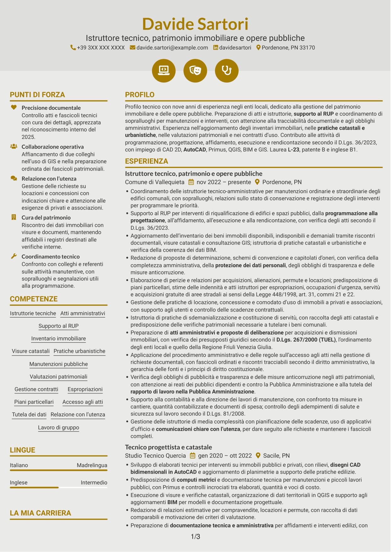 CV Dinamico (formato a due colonne con icone): Istruttore tecnico - Patrimonio immobiliare e opere pubbliche, pagina 1