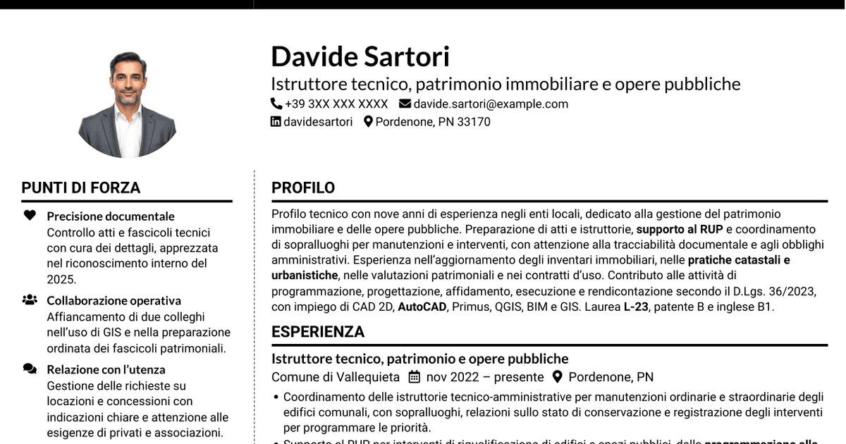 7 modelli di CV per Istruttore tecnico - Patrimonio immobiliare e opere pubbliche, con esempi
