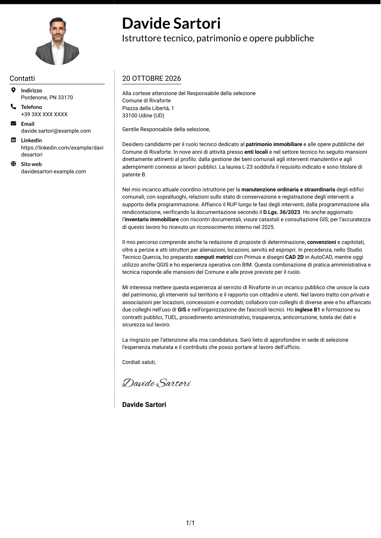 Lettera di presentazione Moderno (formato a due colonne con foto a sinistra e separatore): Istruttore tecnico - Patrimonio immobiliare e opere pubbliche, pagina 1