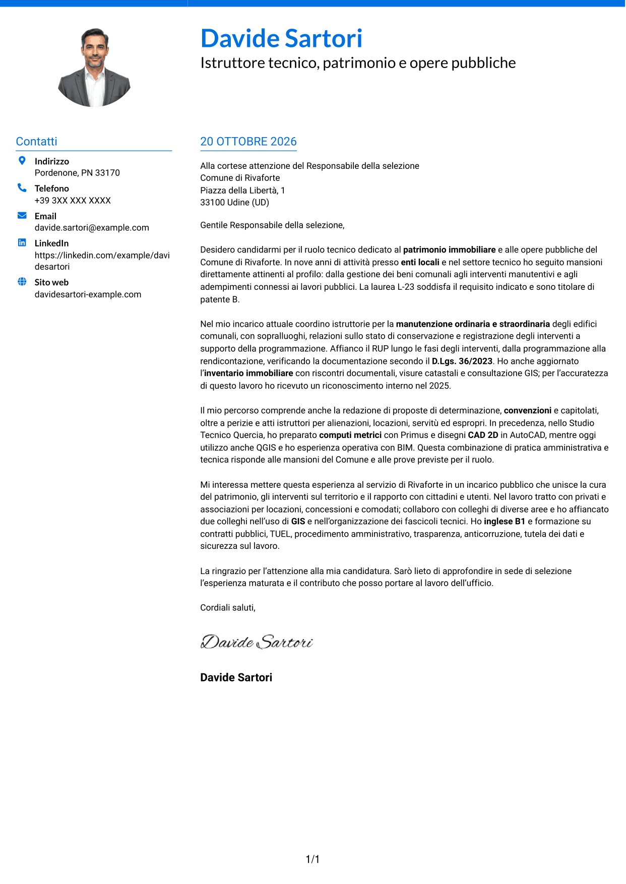 Lettera di presentazione Audace (formato a due colonne con accenti colorati e foto): Istruttore tecnico - Patrimonio immobiliare e opere pubbliche, pagina 1