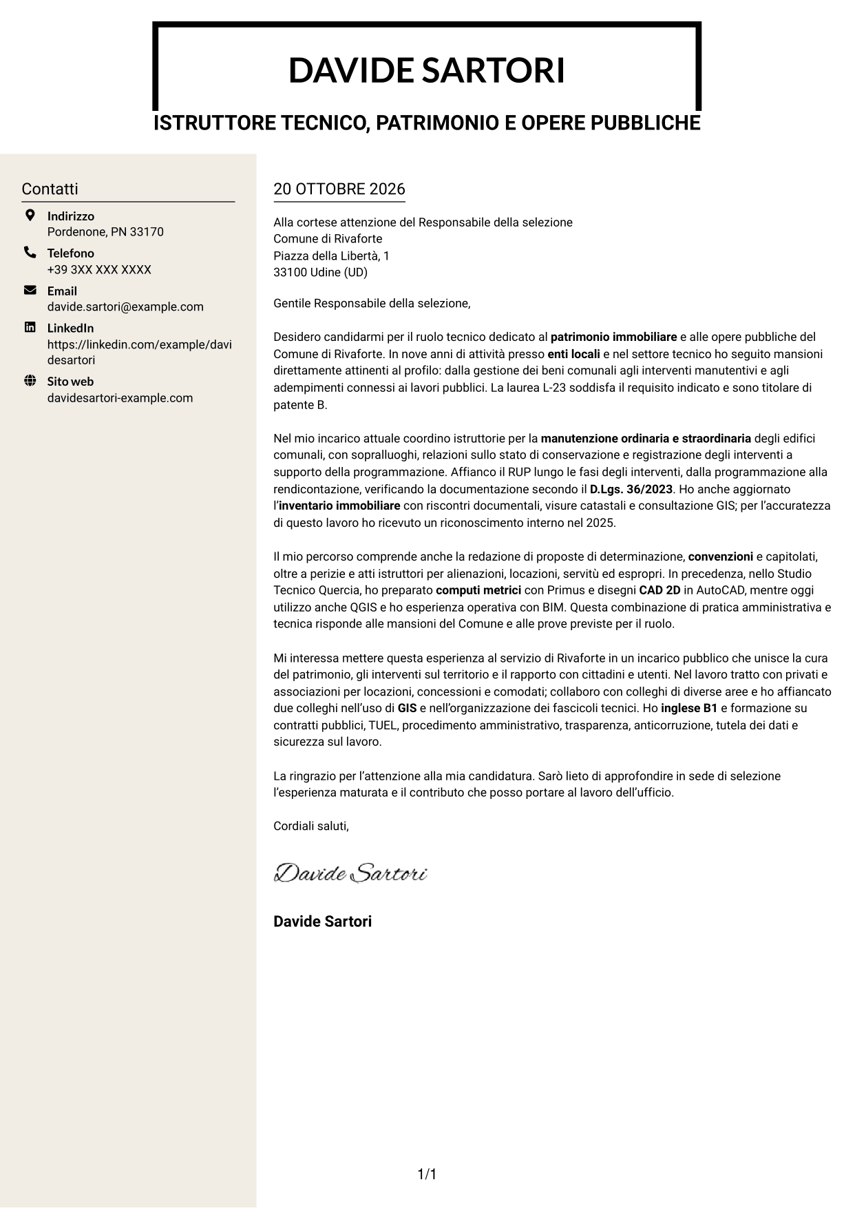 Lettera di presentazione Intraprendente (formato a due colonne con intestazione centrata senza foto): Istruttore tecnico - Patrimonio immobiliare e opere pubbliche, pagina 1