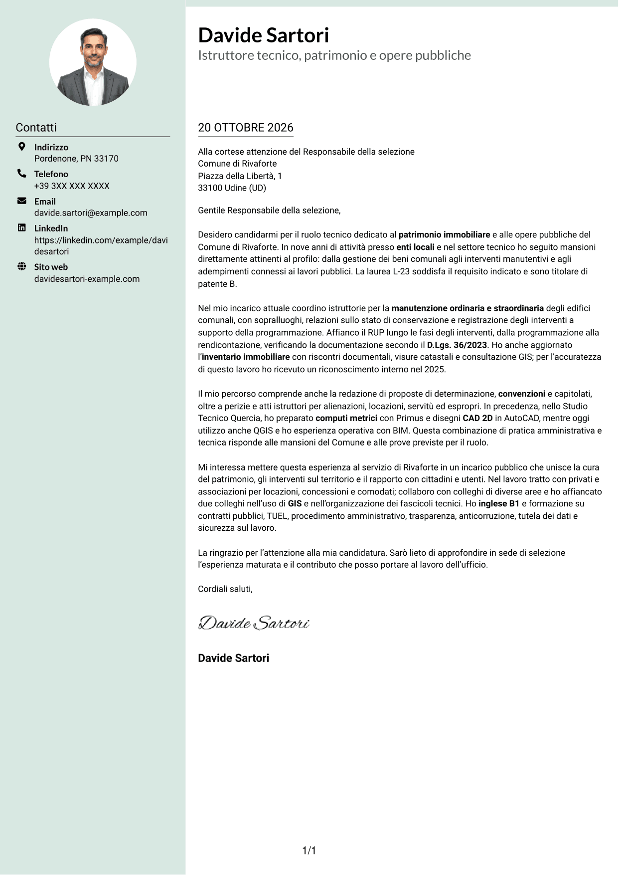 Lettera di presentazione Dirigente (formato con colonna laterale tenue e foto arrotondata): Istruttore tecnico - Patrimonio immobiliare e opere pubbliche, pagina 1