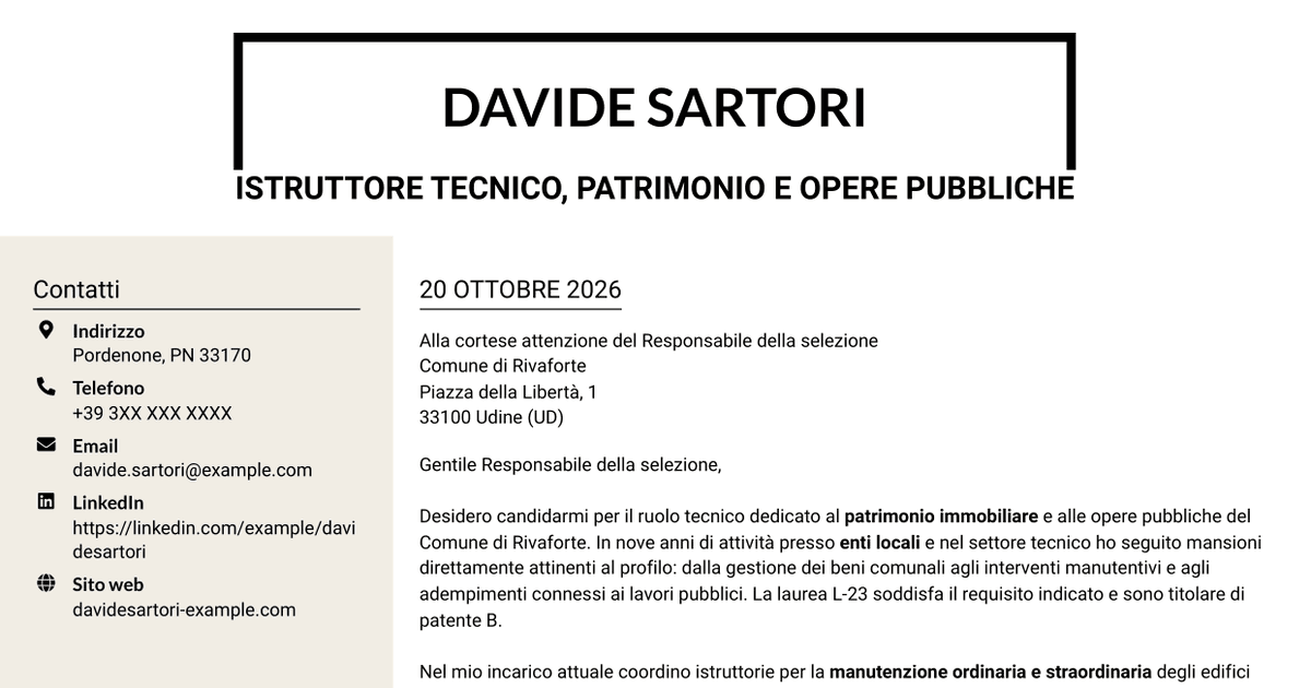 7 modelli di lettera di presentazione per Istruttore tecnico - Patrimonio immobiliare e opere pubbliche, con esempi