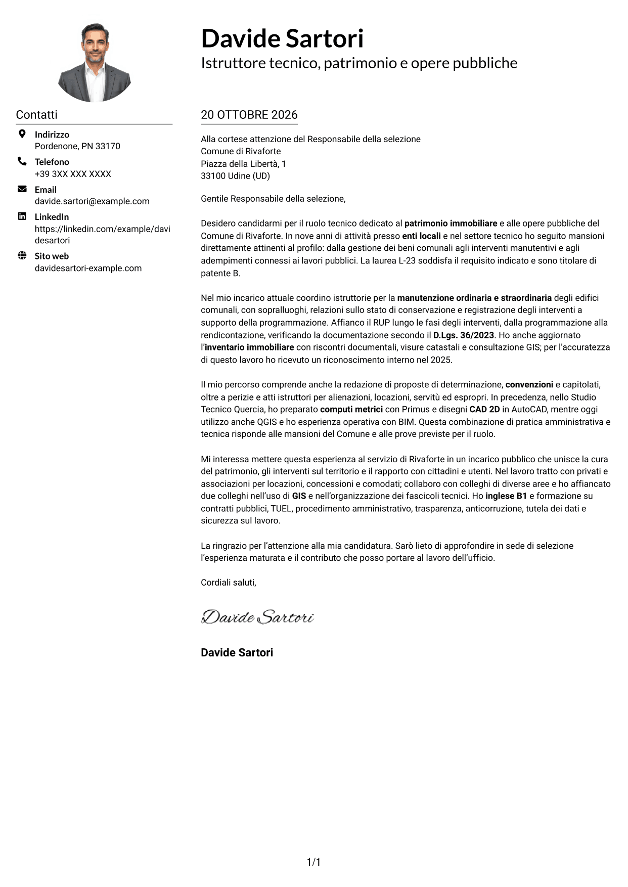 Esempio di lettera di presentazione — pagina 1