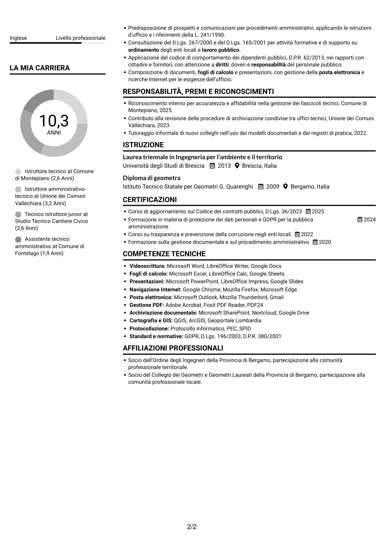 CV Compatto (formato sobrio a due colonne con foto): Istruttore tecnico - Pianificazione territoriale, pagina 2
