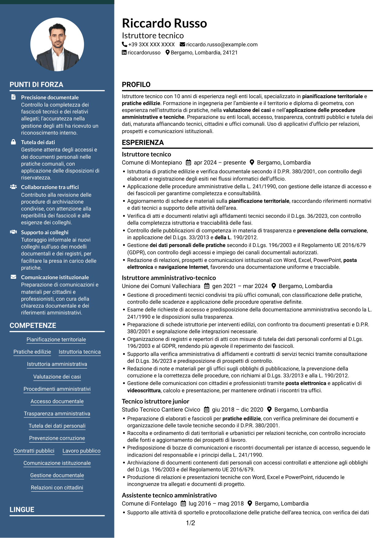 CV Elegante (formato con colonna laterale colorata e foto): Istruttore tecnico - Pianificazione territoriale, pagina 1