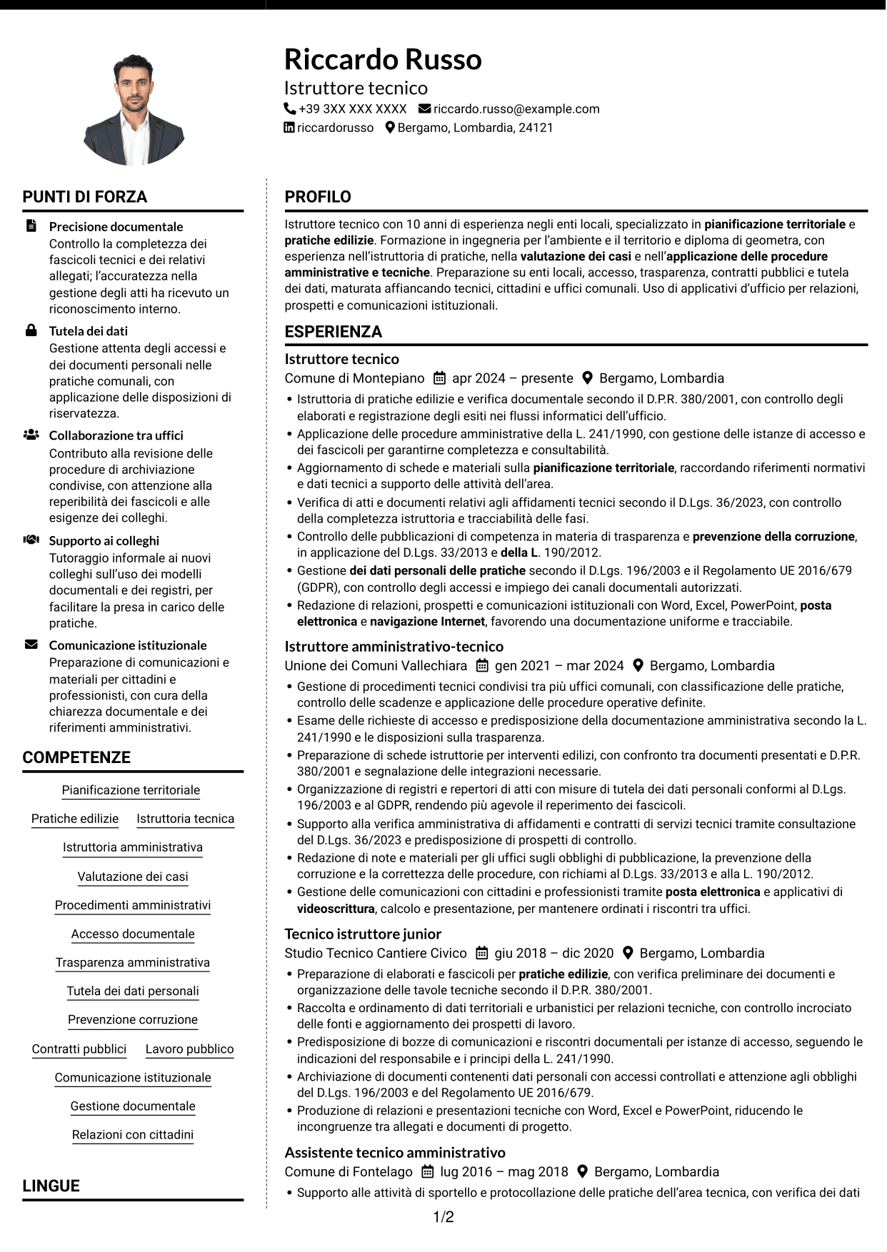 CV Moderno (formato a due colonne con foto a sinistra e separatore): Istruttore tecnico - Pianificazione territoriale, pagina 1