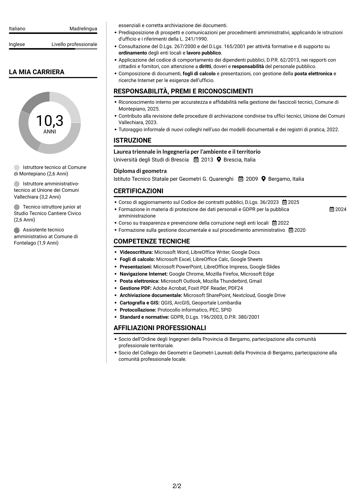 CV Moderno (formato a due colonne con foto a sinistra e separatore): Istruttore tecnico - Pianificazione territoriale, pagina 2