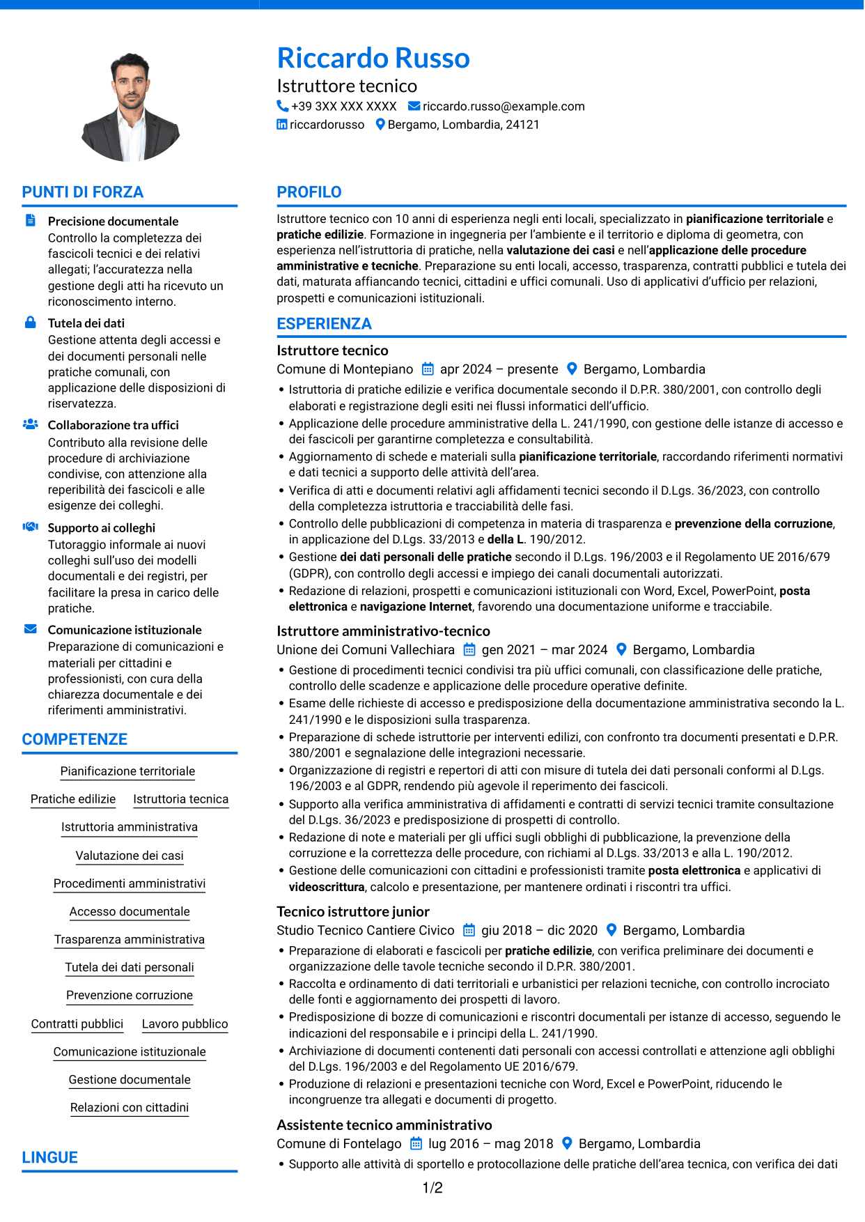 CV Audace (formato a due colonne con accenti colorati e foto): Istruttore tecnico - Pianificazione territoriale, pagina 1