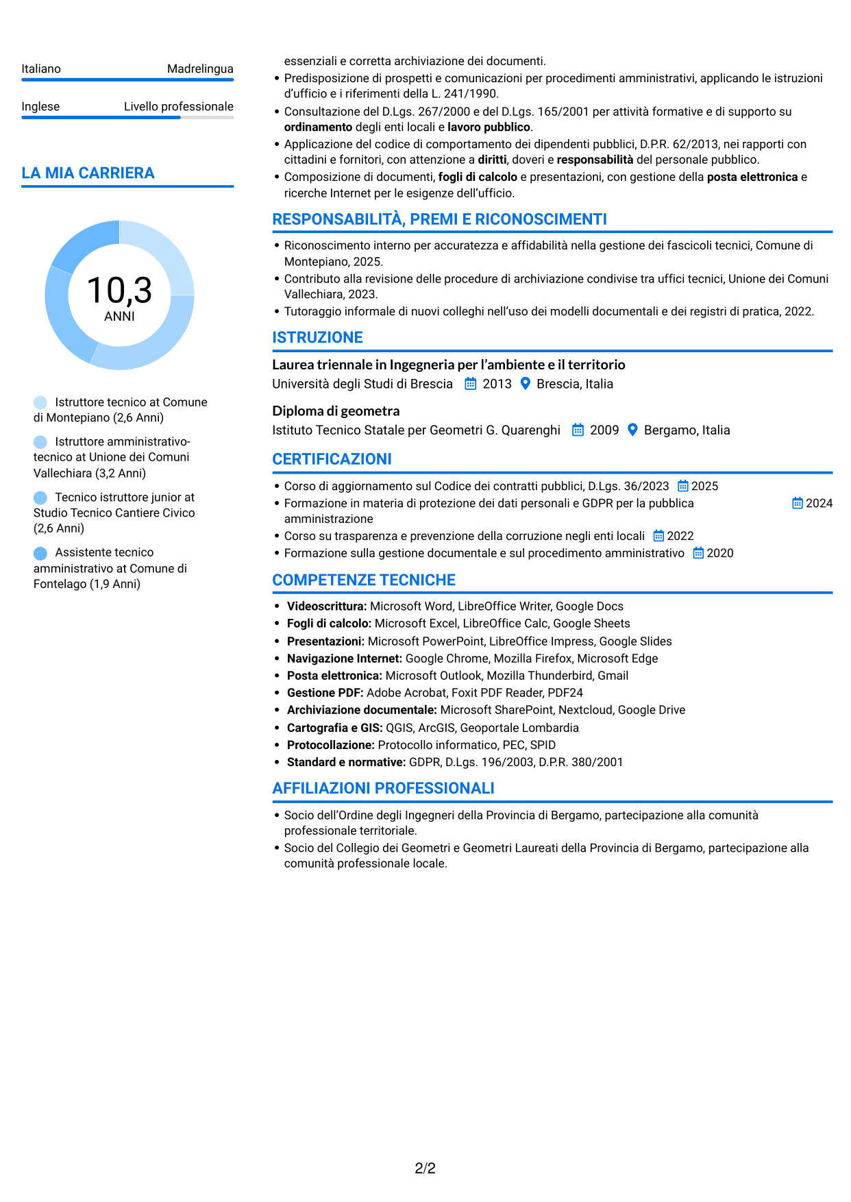 CV Audace (formato a due colonne con accenti colorati e foto): Istruttore tecnico - Pianificazione territoriale, pagina 2