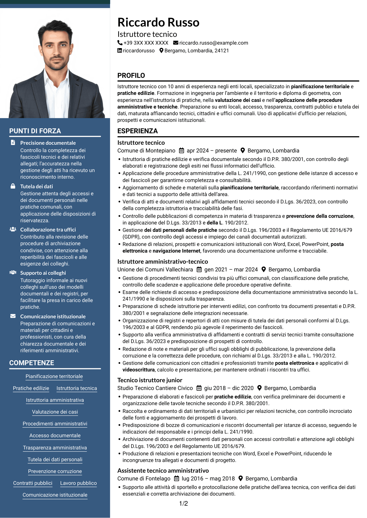 CV Signature (formato con colonna laterale colorata e foto grande): Istruttore tecnico - Pianificazione territoriale, pagina 1