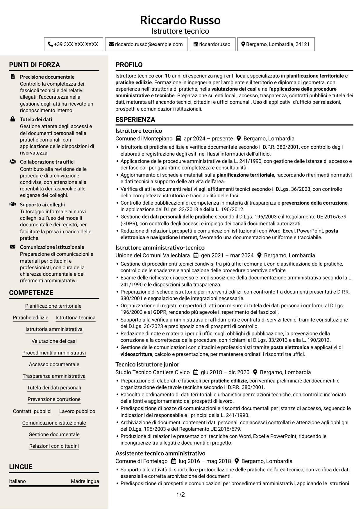 CV Intraprendente (formato a due colonne con intestazione centrata senza foto): Istruttore tecnico - Pianificazione territoriale, pagina 1
