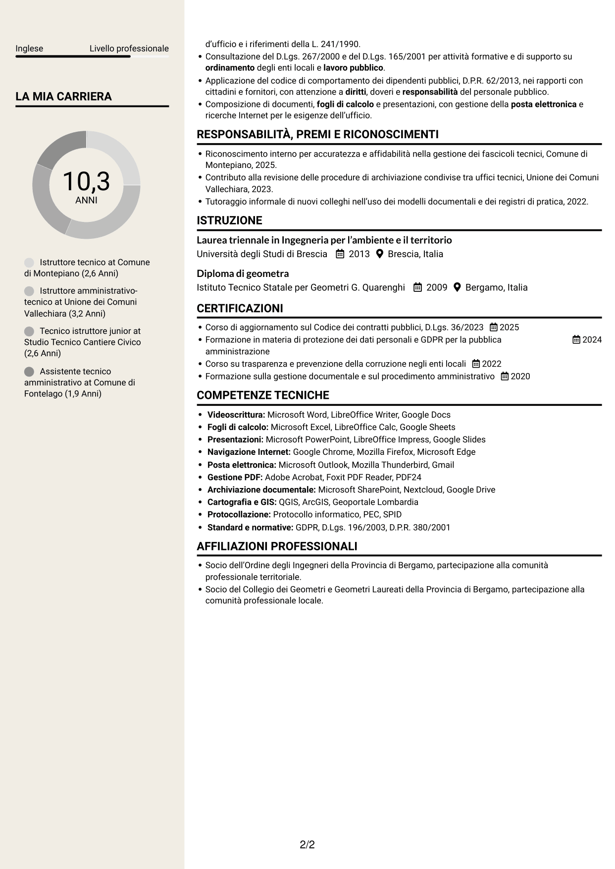 CV Intraprendente (formato a due colonne con intestazione centrata senza foto): Istruttore tecnico - Pianificazione territoriale, pagina 2