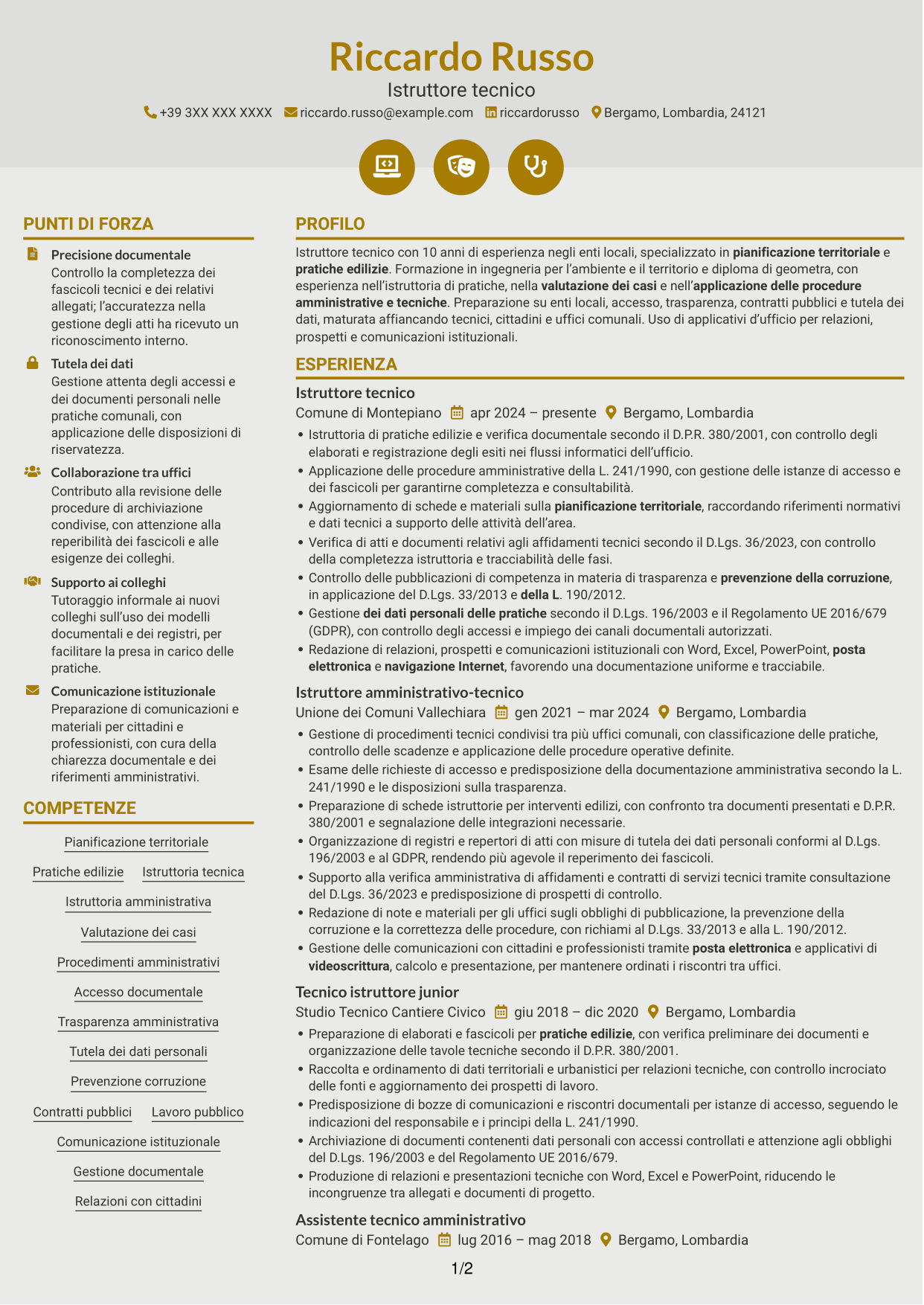 CV Dinamico (formato a due colonne con icone): Istruttore tecnico - Pianificazione territoriale, pagina 1