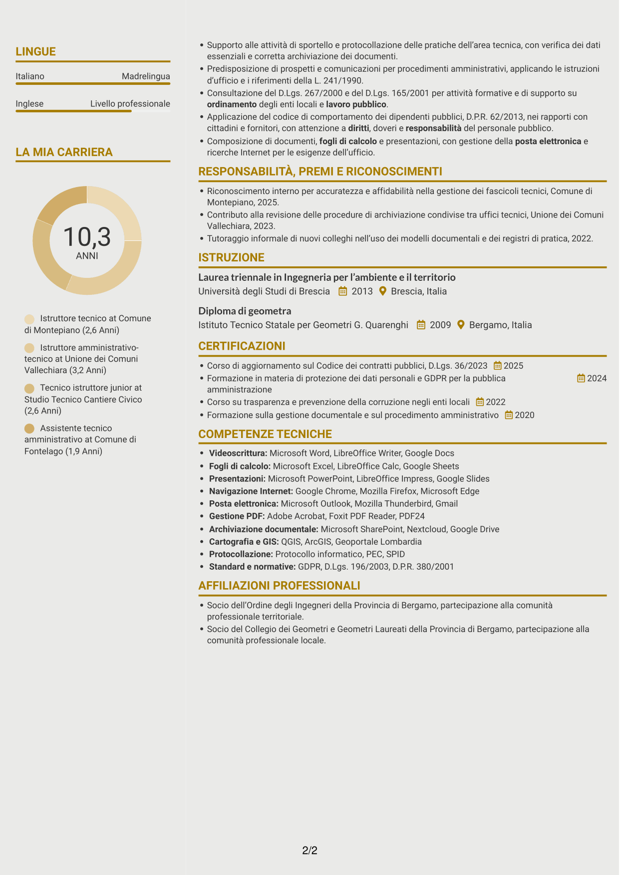CV Dinamico (formato a due colonne con icone): Istruttore tecnico - Pianificazione territoriale, pagina 2