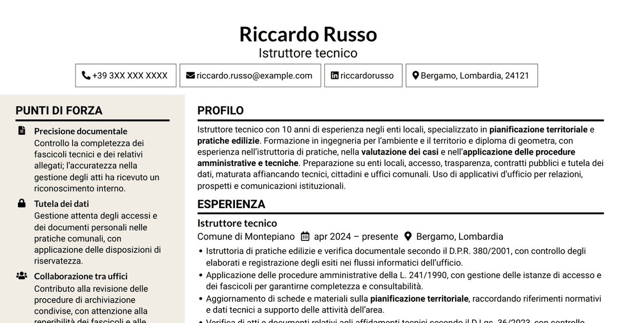 7 modelli di CV per Istruttore tecnico - Pianificazione territoriale, con esempi