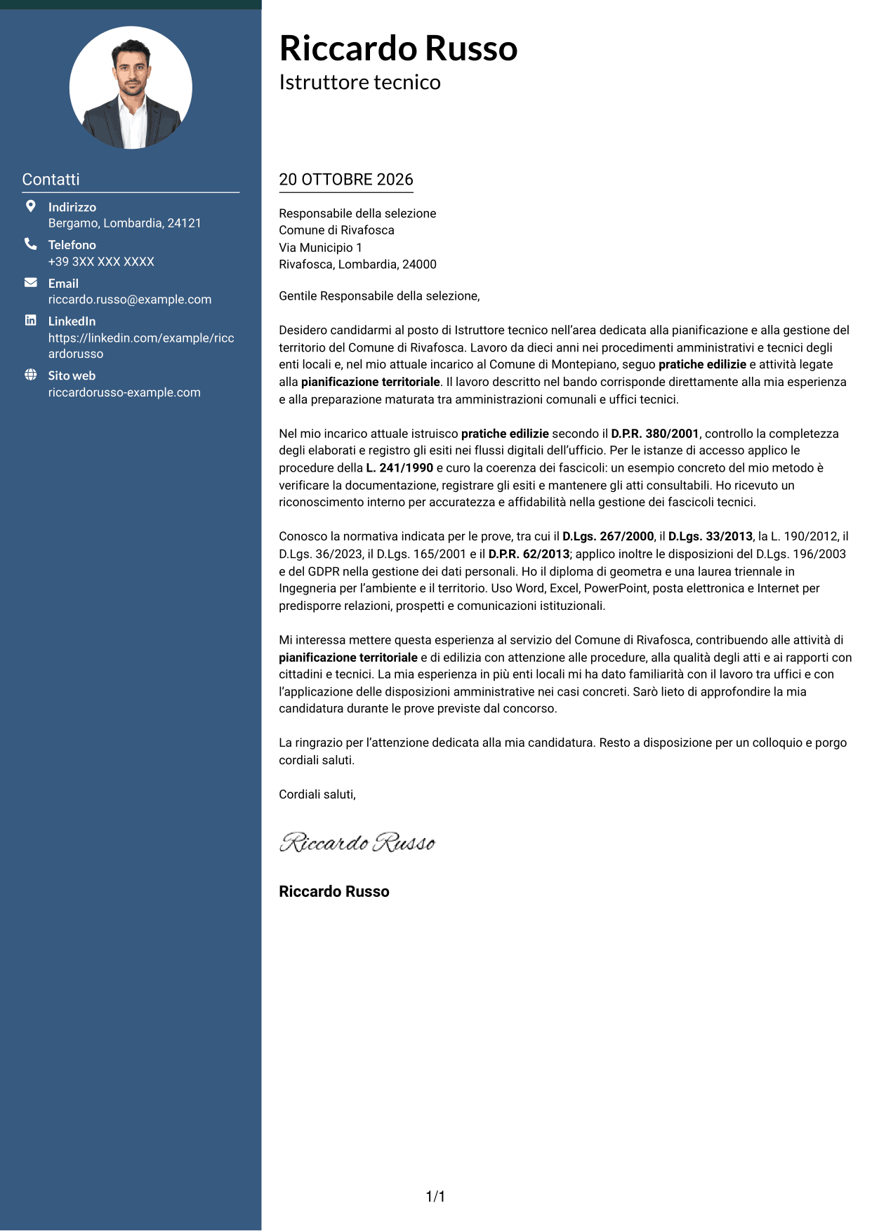 Lettera di presentazione Elegante (formato con colonna laterale colorata e foto): Istruttore tecnico - Pianificazione territoriale, pagina 1