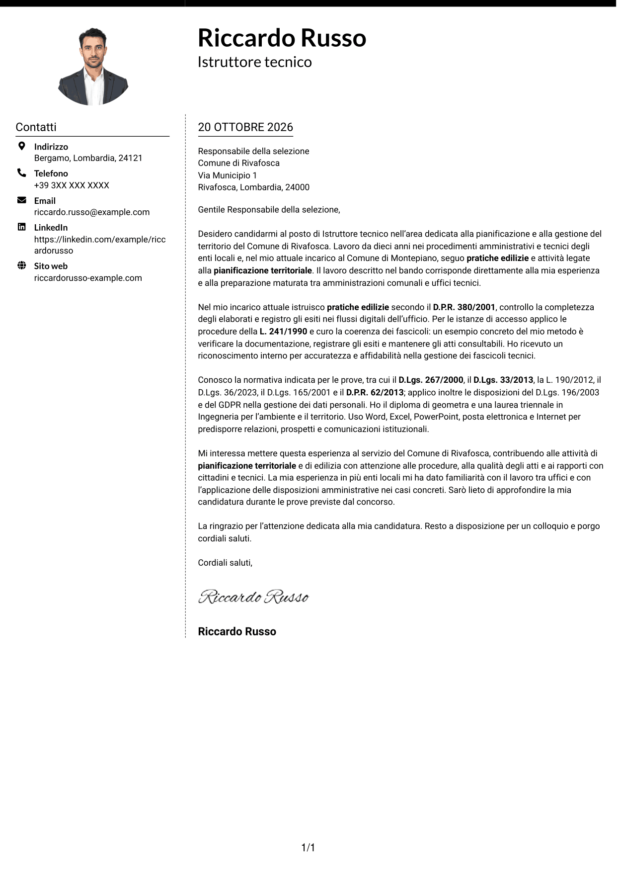 Lettera di presentazione Moderno (formato a due colonne con foto a sinistra e separatore): Istruttore tecnico - Pianificazione territoriale, pagina 1
