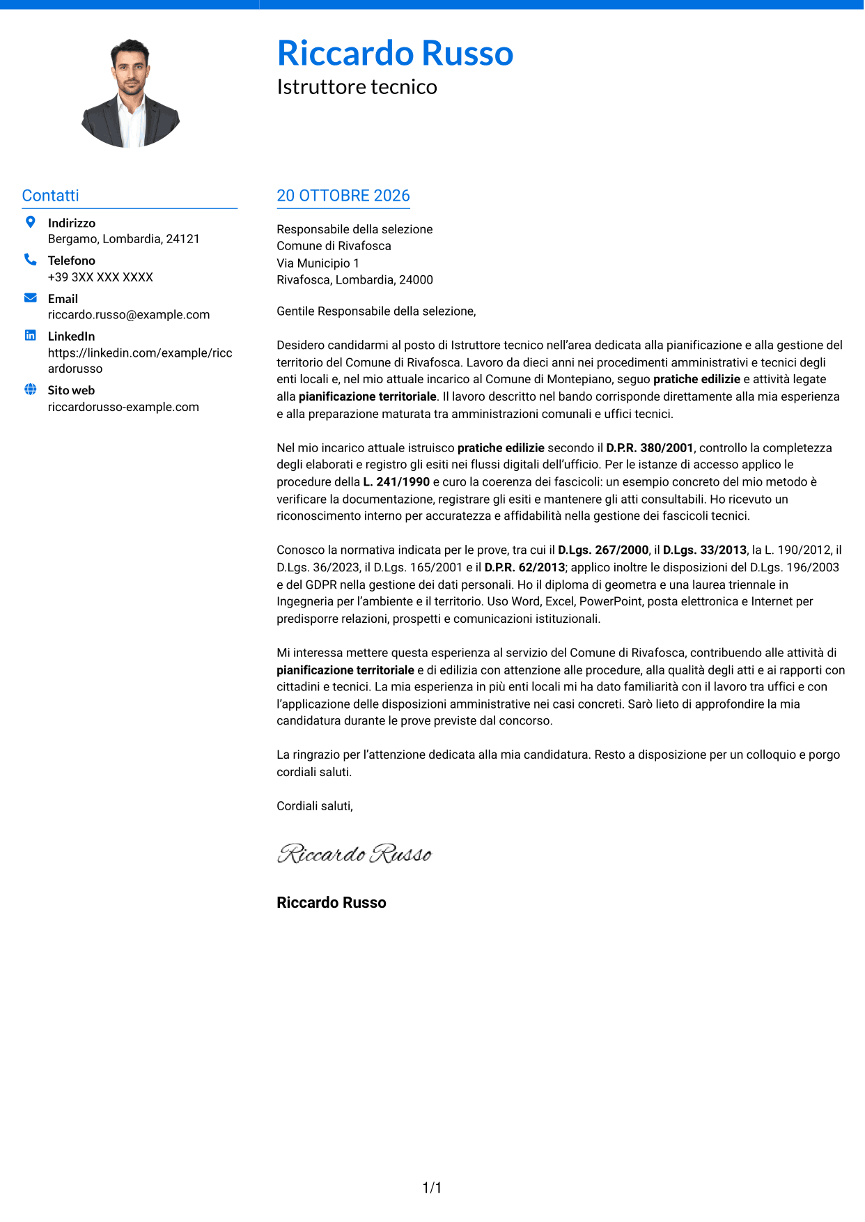 Lettera di presentazione Audace (formato a due colonne con accenti colorati e foto): Istruttore tecnico - Pianificazione territoriale, pagina 1
