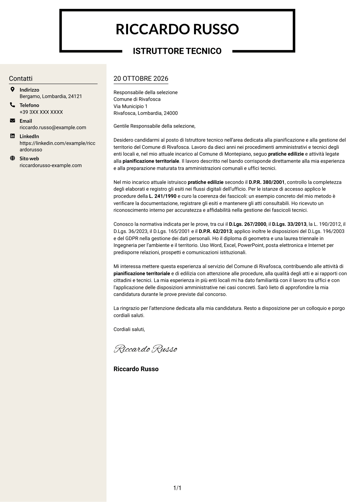 Lettera di presentazione Intraprendente (formato a due colonne con intestazione centrata senza foto): Istruttore tecnico - Pianificazione territoriale, pagina 1