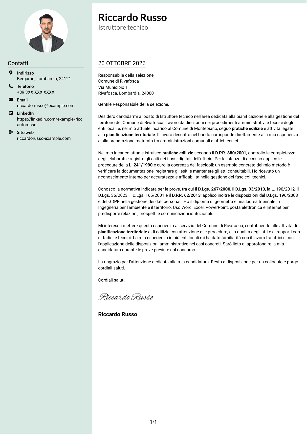 Lettera di presentazione Dirigente (formato con colonna laterale tenue e foto arrotondata): Istruttore tecnico - Pianificazione territoriale, pagina 1