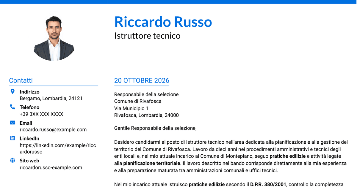 7 modelli di lettera di presentazione per Istruttore tecnico - Pianificazione territoriale, con esempi