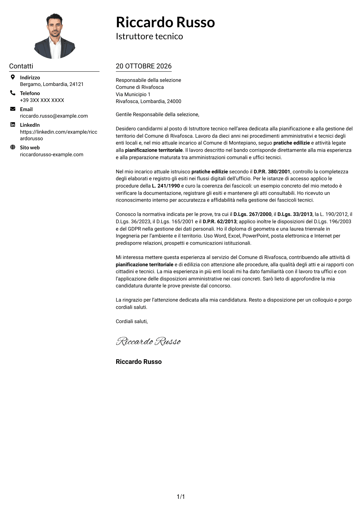 Esempio di lettera di presentazione — pagina 1