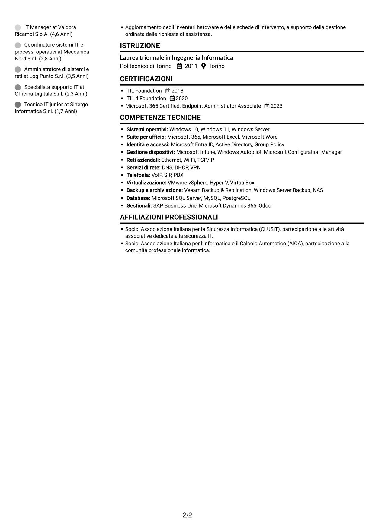 CV Compatto (formato sobrio a due colonne con foto): IT Manager - Logistica ricambi auto, pagina 2