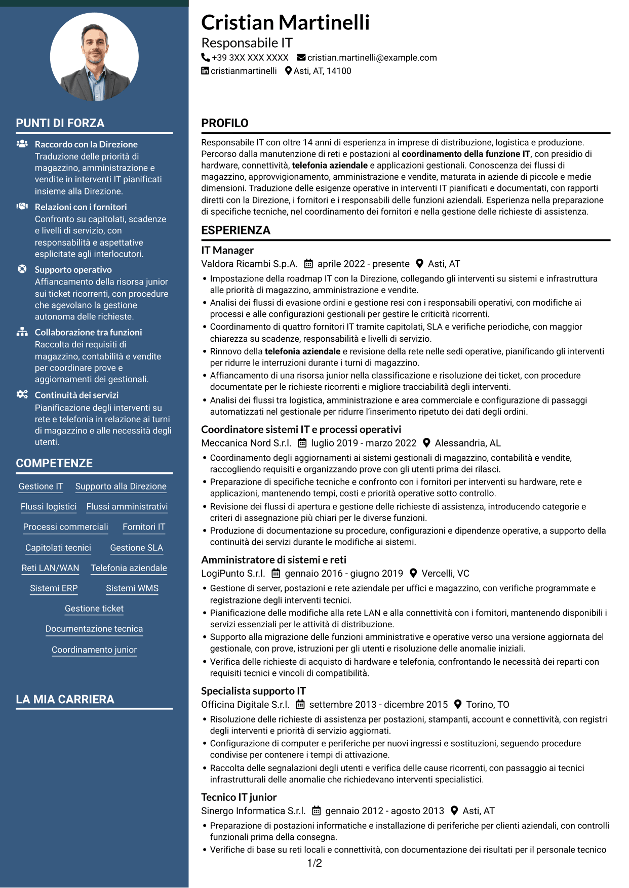 CV Elegante (formato con colonna laterale colorata e foto): IT Manager - Logistica ricambi auto, pagina 1