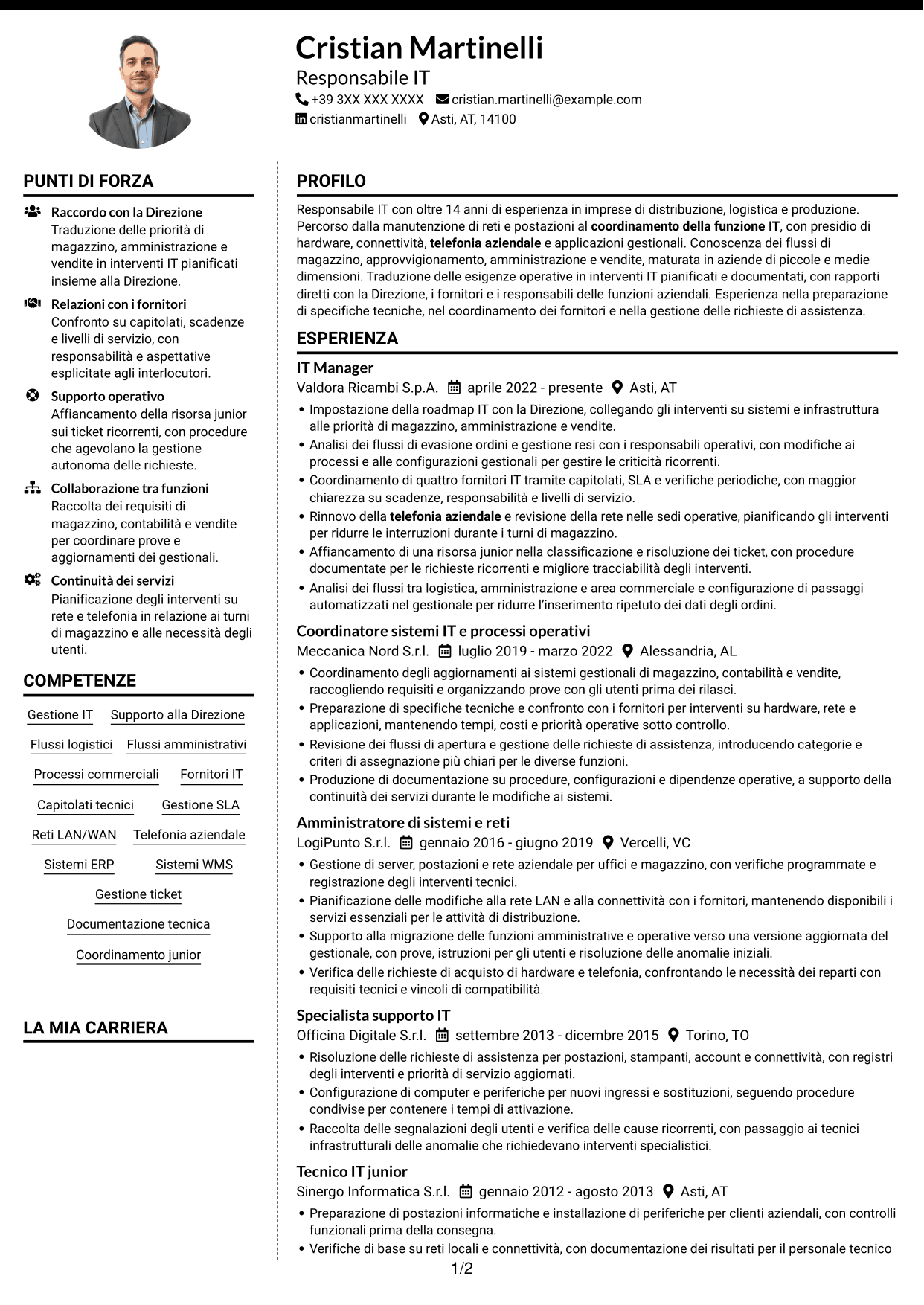 CV Moderno (formato a due colonne con foto a sinistra e separatore): IT Manager - Logistica ricambi auto, pagina 1