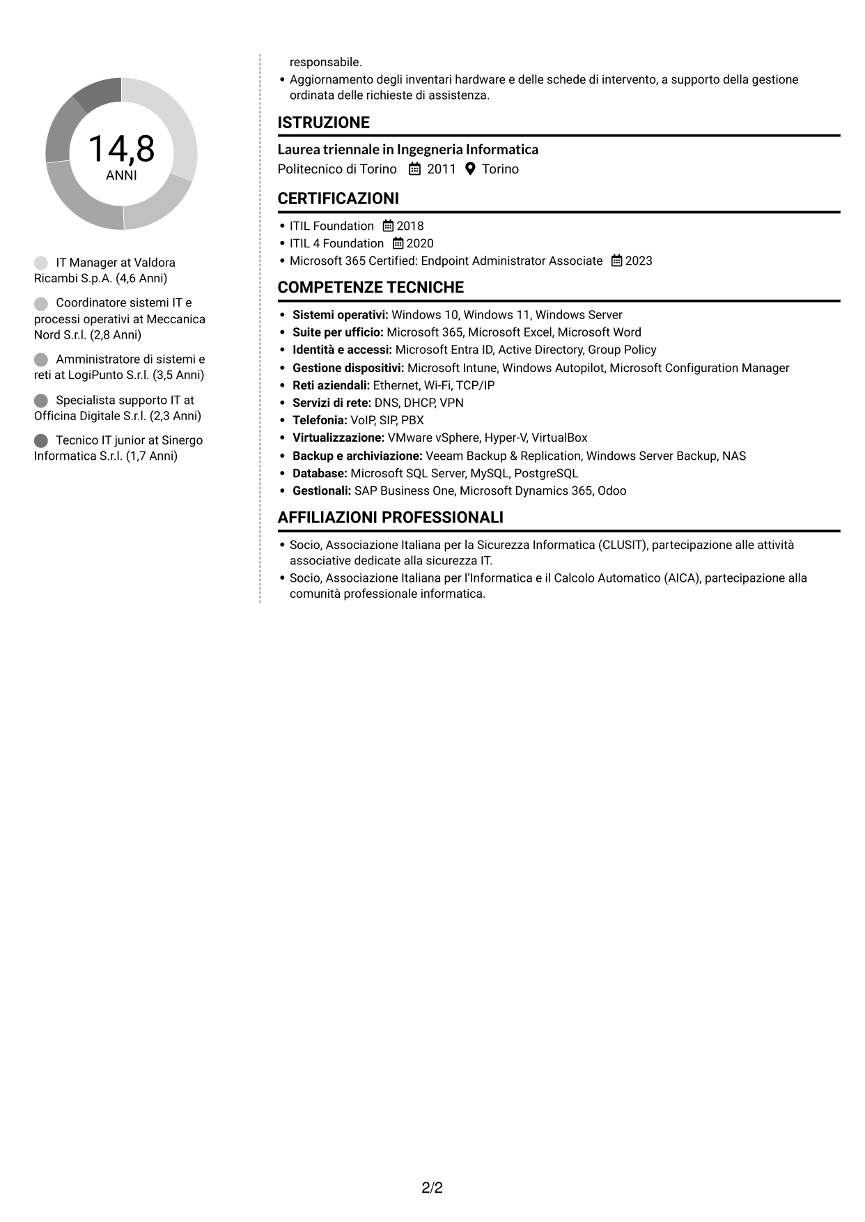 CV Moderno (formato a due colonne con foto a sinistra e separatore): IT Manager - Logistica ricambi auto, pagina 2