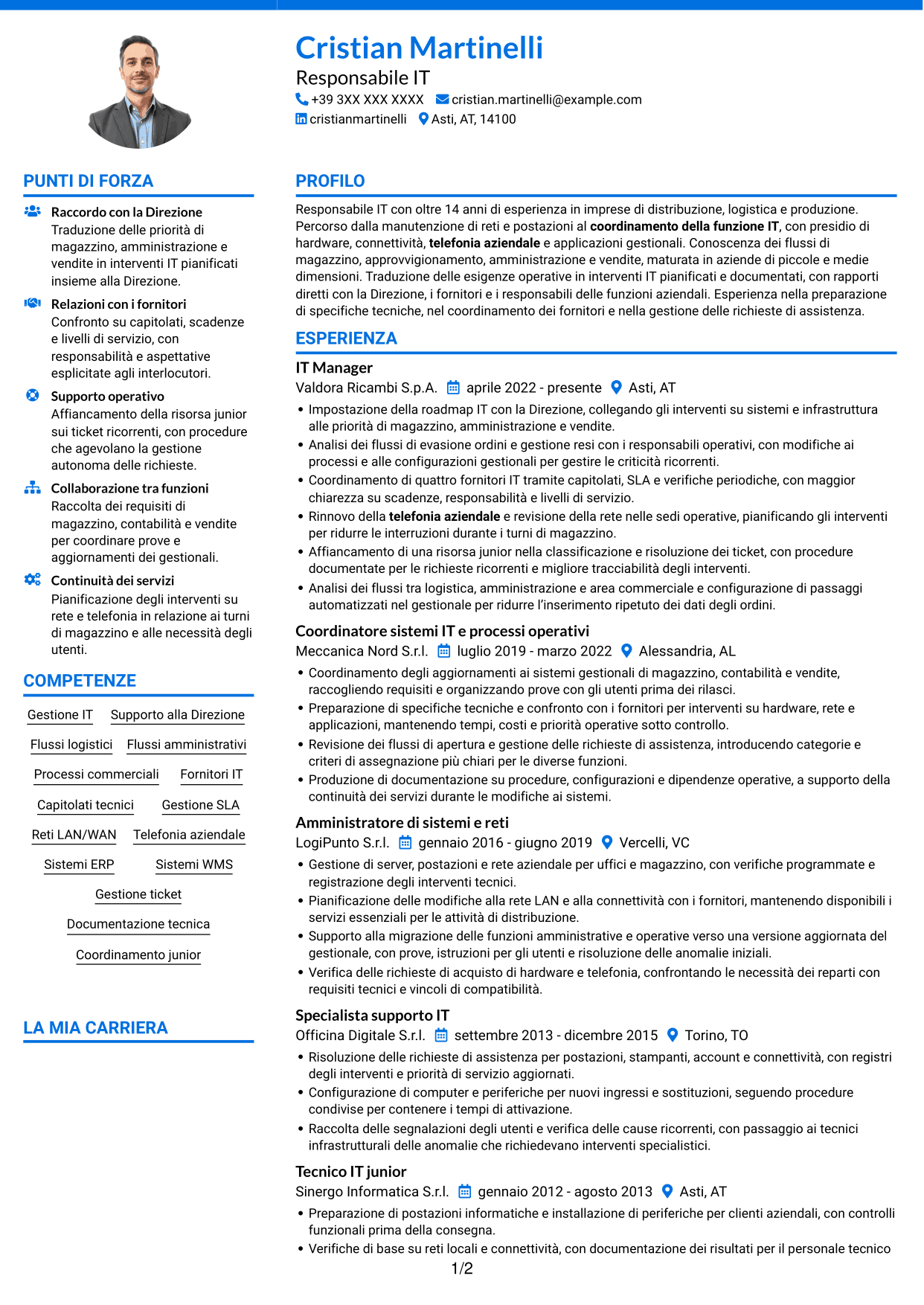 CV Audace (formato a due colonne con accenti colorati e foto): IT Manager - Logistica ricambi auto, pagina 1