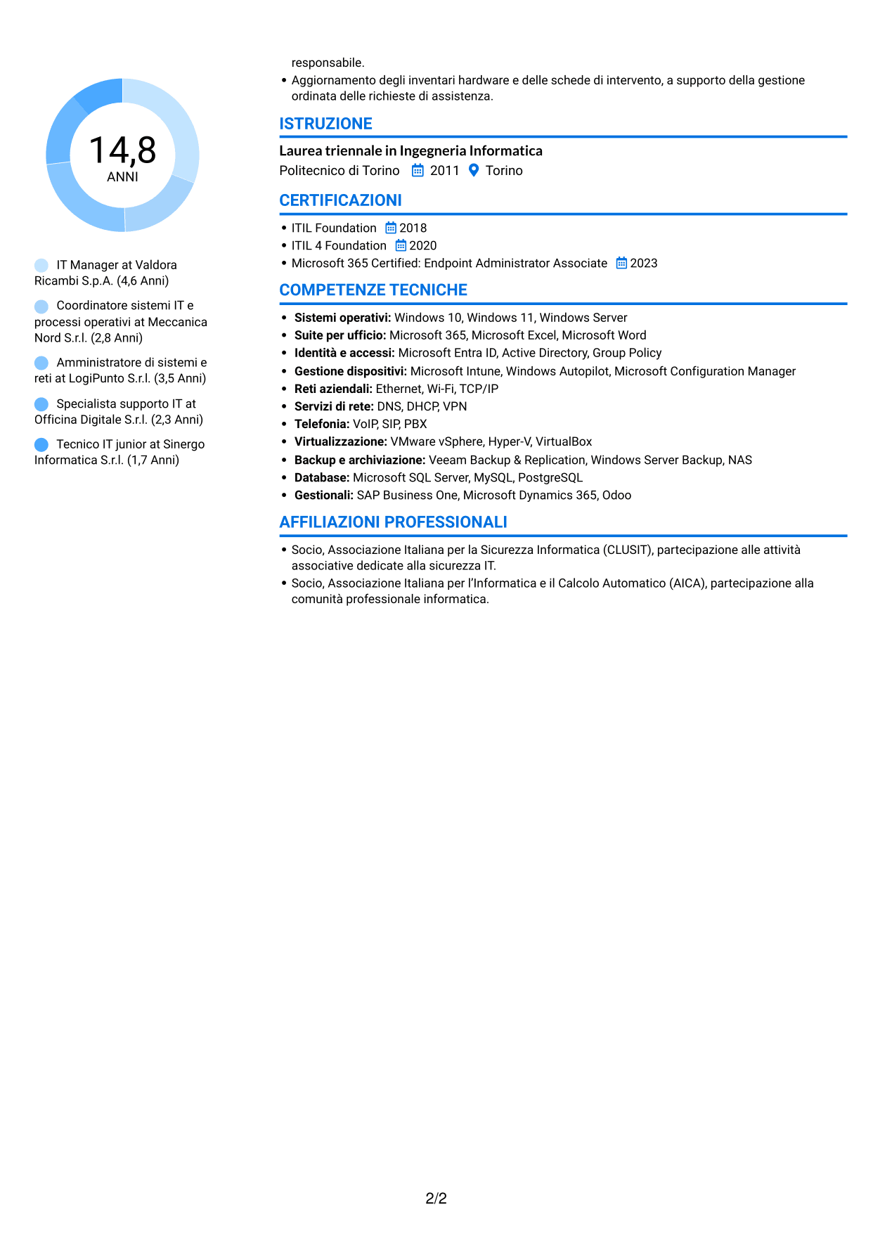 CV Audace (formato a due colonne con accenti colorati e foto): IT Manager - Logistica ricambi auto, pagina 2