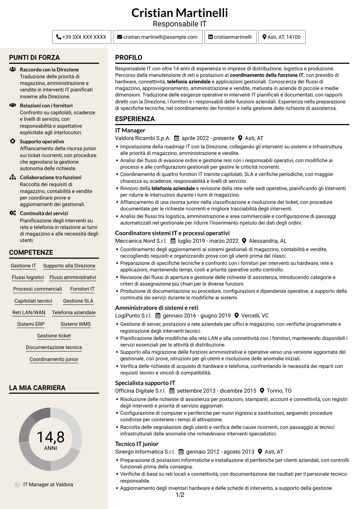 CV Intraprendente (formato a due colonne con intestazione centrata senza foto): IT Manager - Logistica ricambi auto, pagina 1