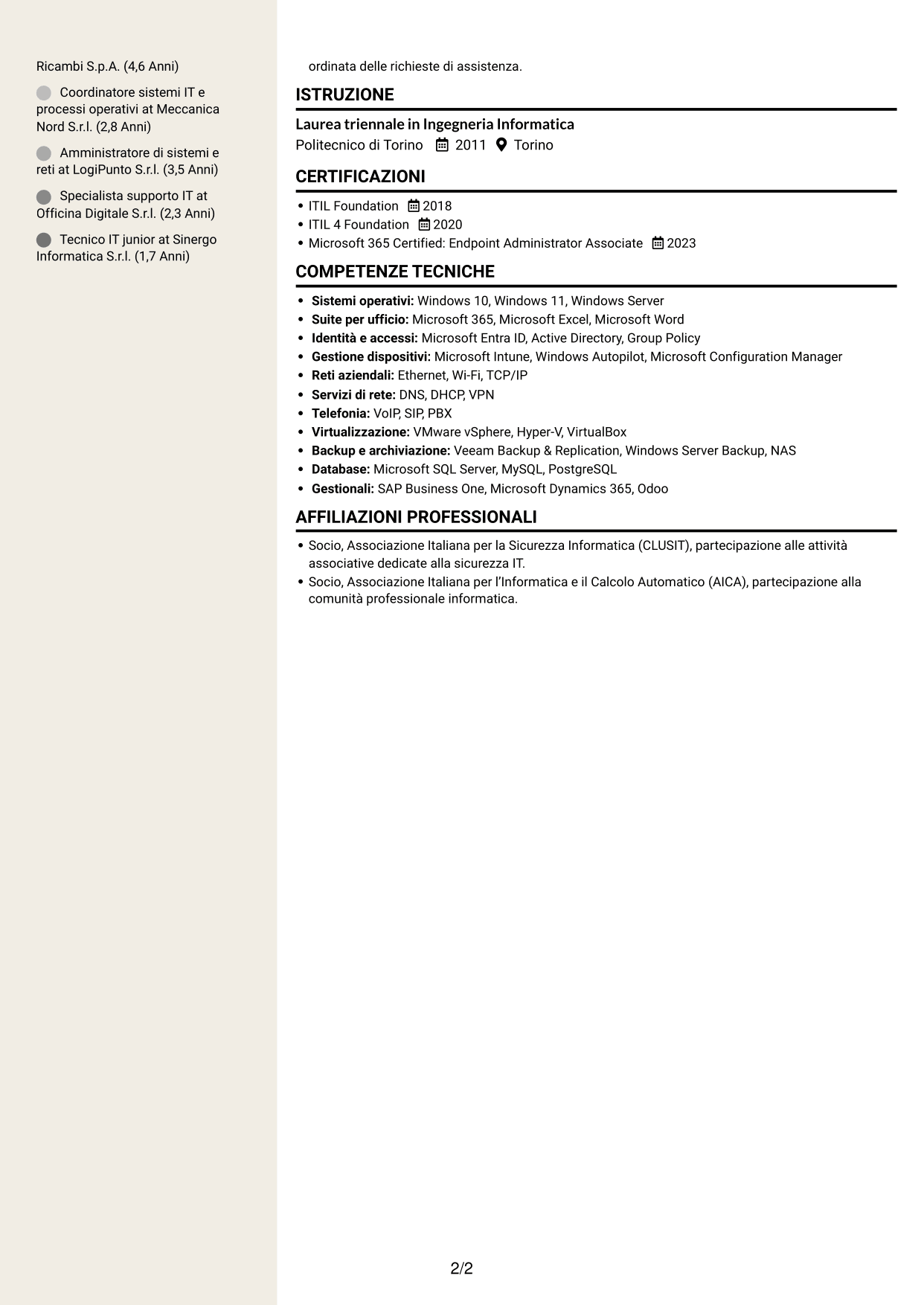 CV Intraprendente (formato a due colonne con intestazione centrata senza foto): IT Manager - Logistica ricambi auto, pagina 2
