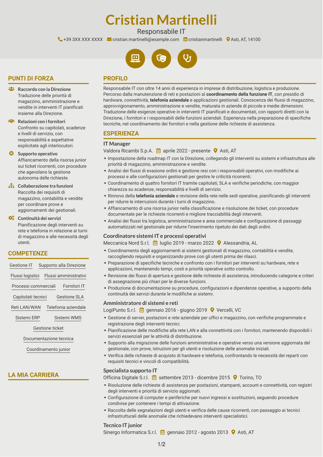 CV Dinamico (formato a due colonne con icone): IT Manager - Logistica ricambi auto, pagina 1