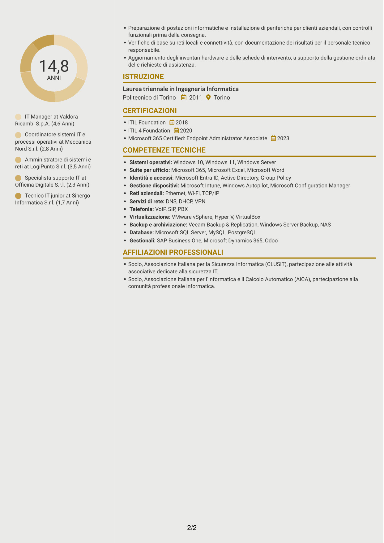 CV Dinamico (formato a due colonne con icone): IT Manager - Logistica ricambi auto, pagina 2
