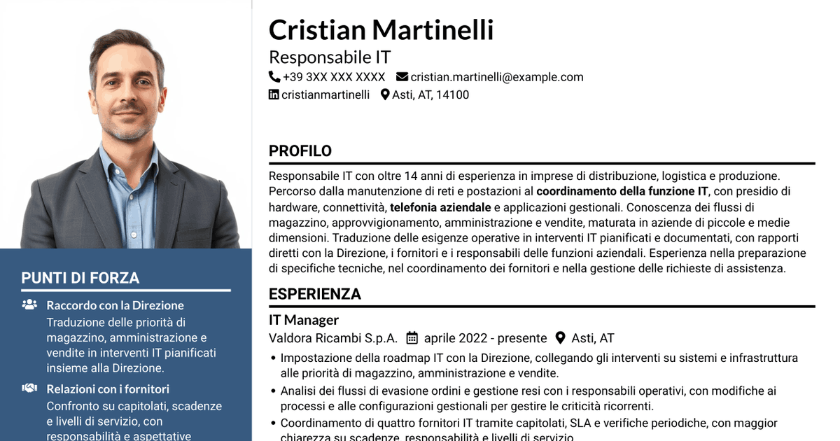 7 modelli di CV per IT Manager - Logistica ricambi auto, con esempi