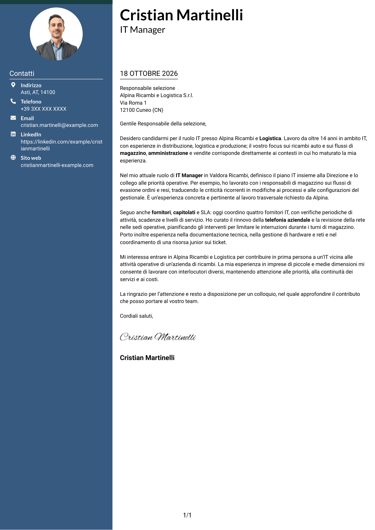Lettera di presentazione Elegante (formato con colonna laterale colorata e foto): IT Manager - Logistica ricambi auto, pagina 1