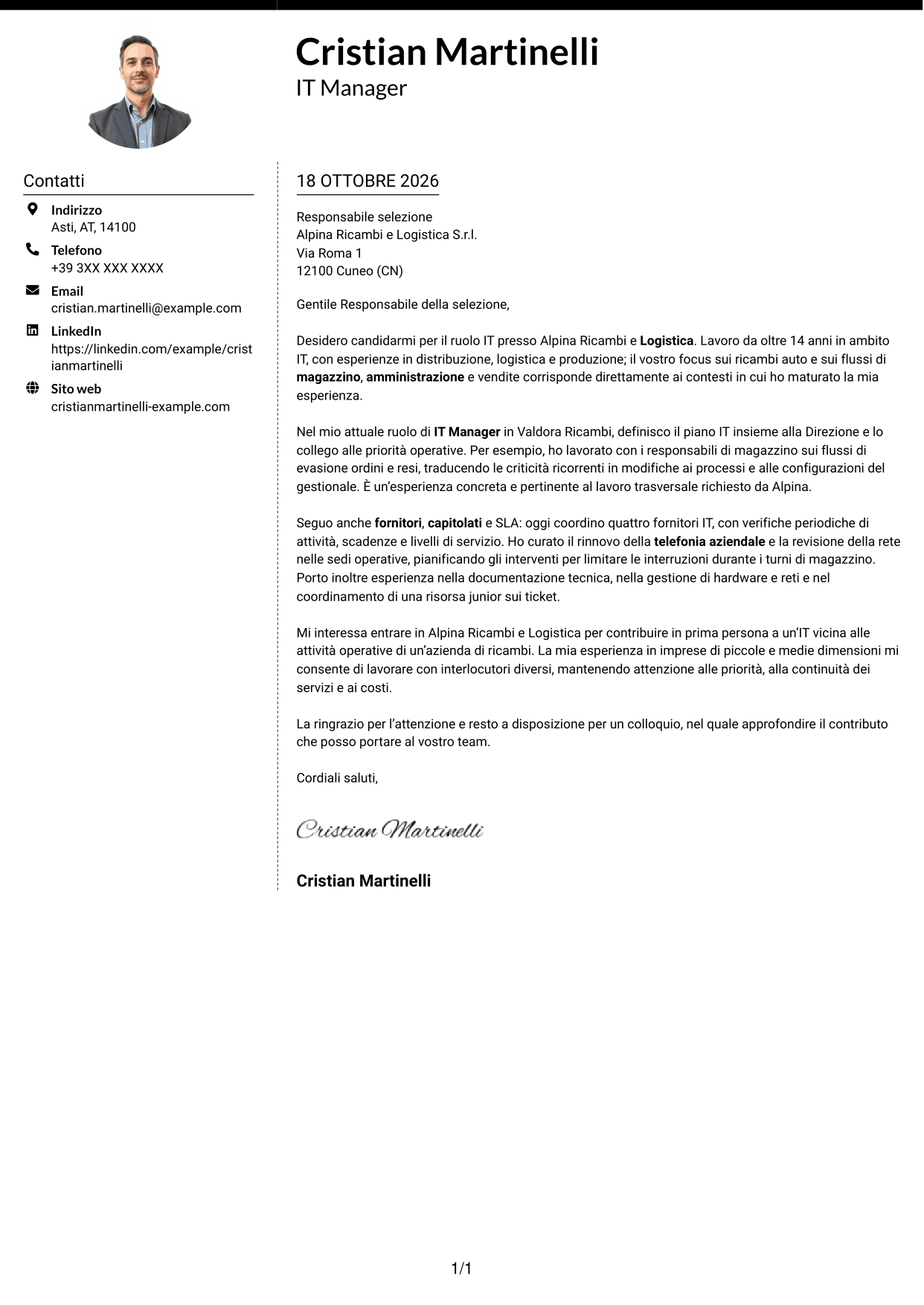 Lettera di presentazione Moderno (formato a due colonne con foto a sinistra e separatore): IT Manager - Logistica ricambi auto, pagina 1