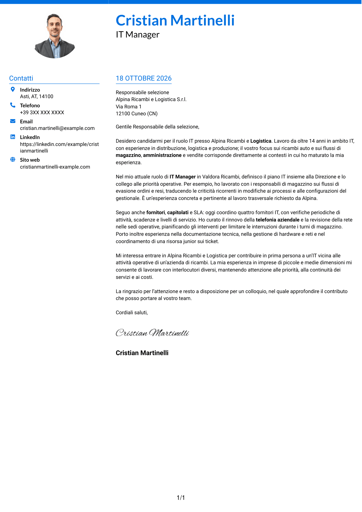 Lettera di presentazione Audace (formato a due colonne con accenti colorati e foto): IT Manager - Logistica ricambi auto, pagina 1