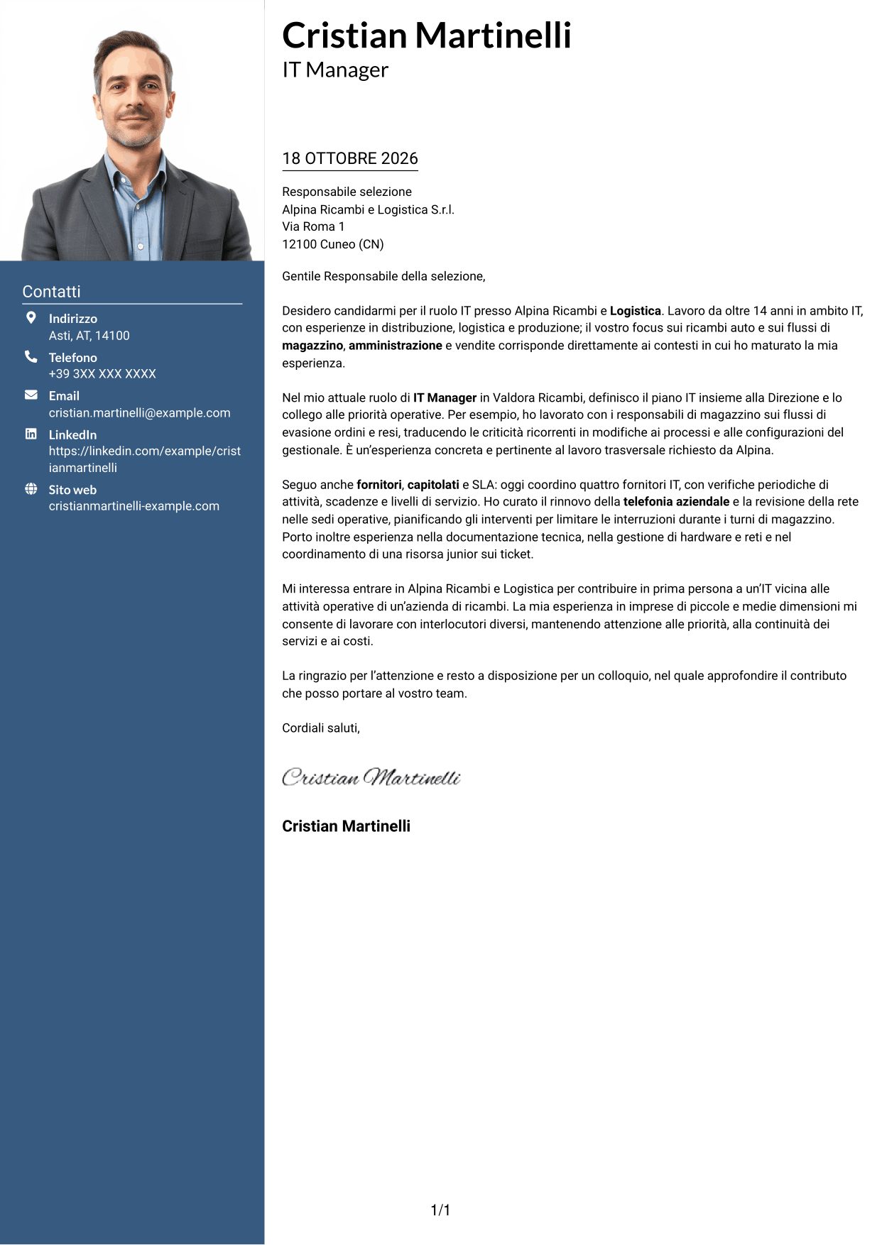 Lettera di presentazione Signature (formato con colonna laterale colorata e foto grande): IT Manager - Logistica ricambi auto, pagina 1